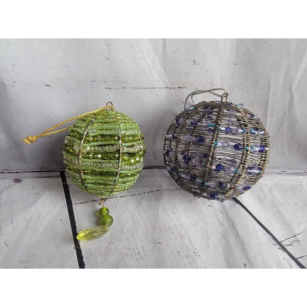 VTG Wire Beaded Metal Christmas Hanging Ornaments Round Ball Blue Purple Green